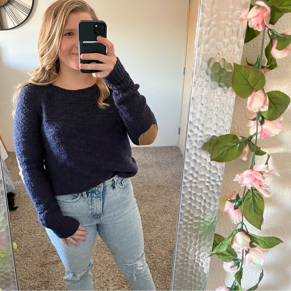 Women’s BDG Size Small Navy Sweater with Brown Elbow Accents - Picture 2 of 7